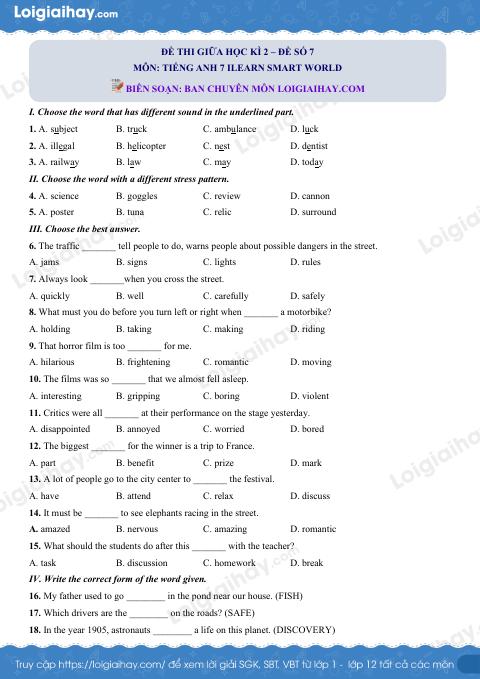Đề thi giữa kì 2 Tiếng Anh 7 iLearn Smart World - Đề số 7